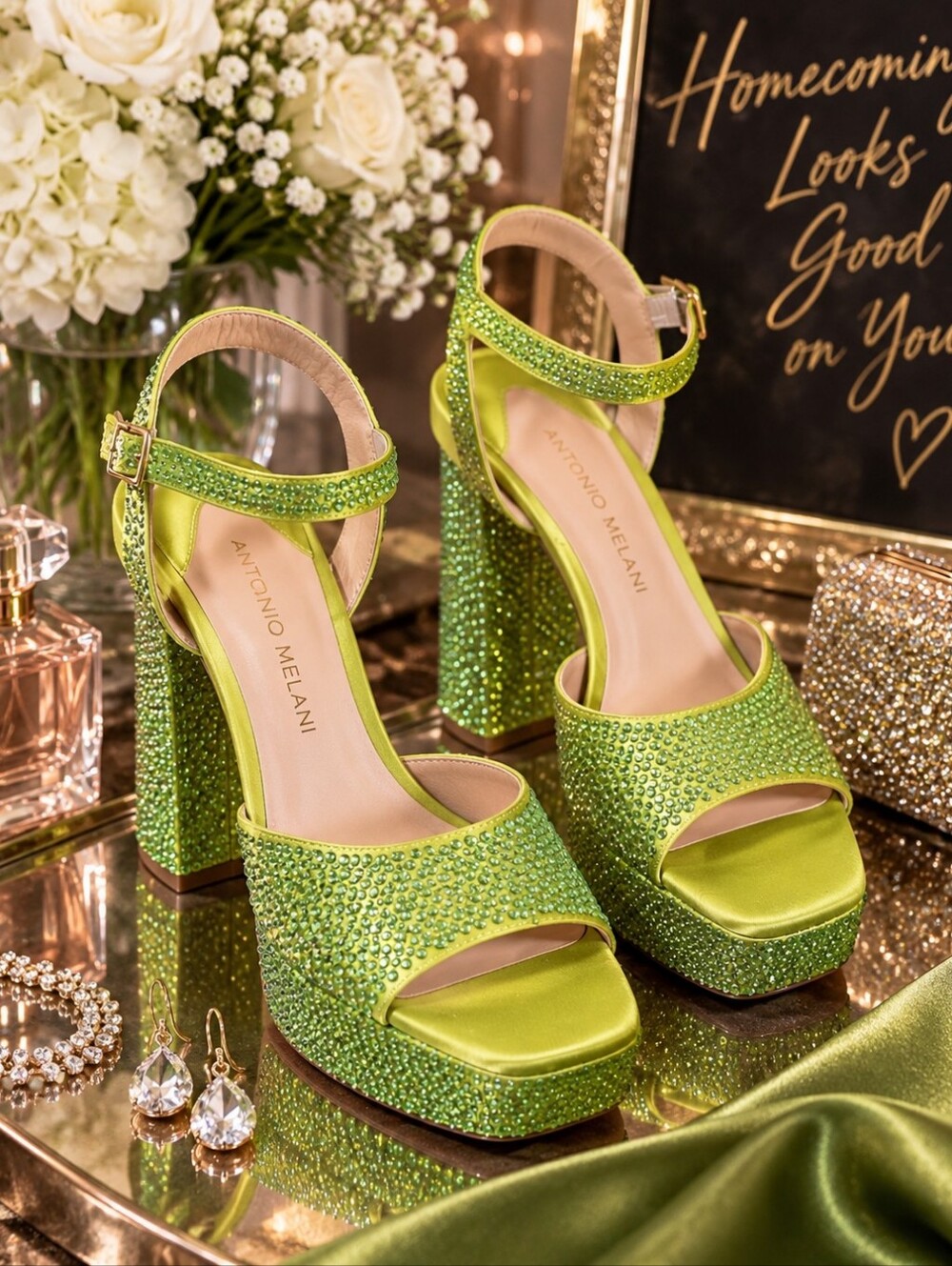 Antonio Melani Size 6 Lime Green Rhinestone Platform Heels NWT